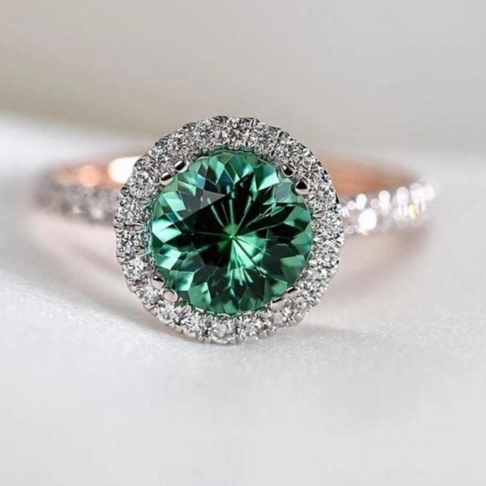 Gold band with crystals and faux center green stone ring. Size 8 - Picture 3 of 5